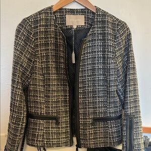 Banana Republic Black & Cream Tweed Blazer with Leather Details